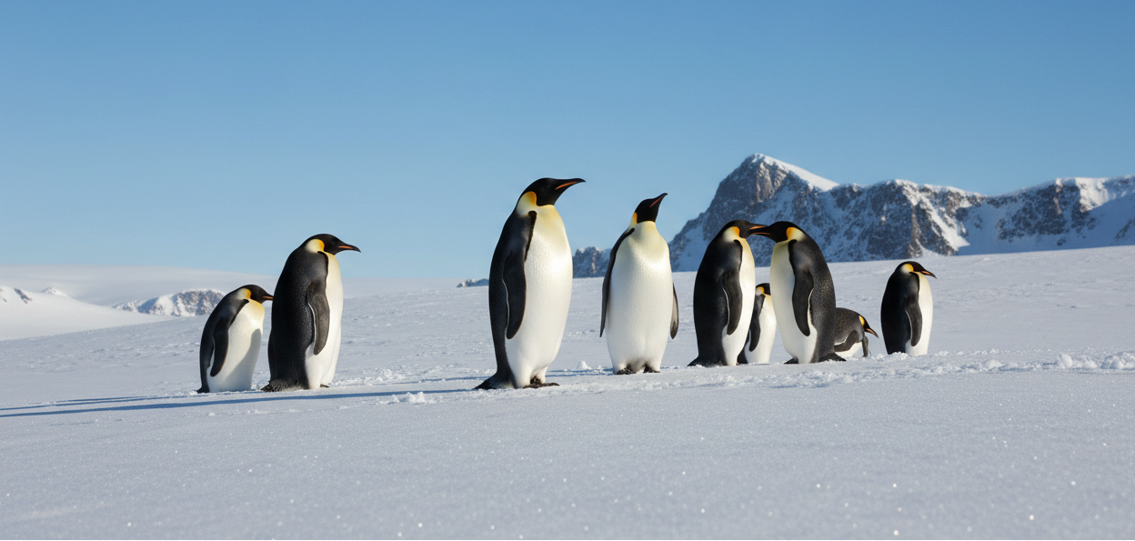 błękitne tło, pingwiny królewskie stojące na sniegu